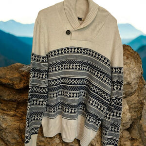 Gap Mens Cotton Cream and Navy Shawl Collar Sweater M